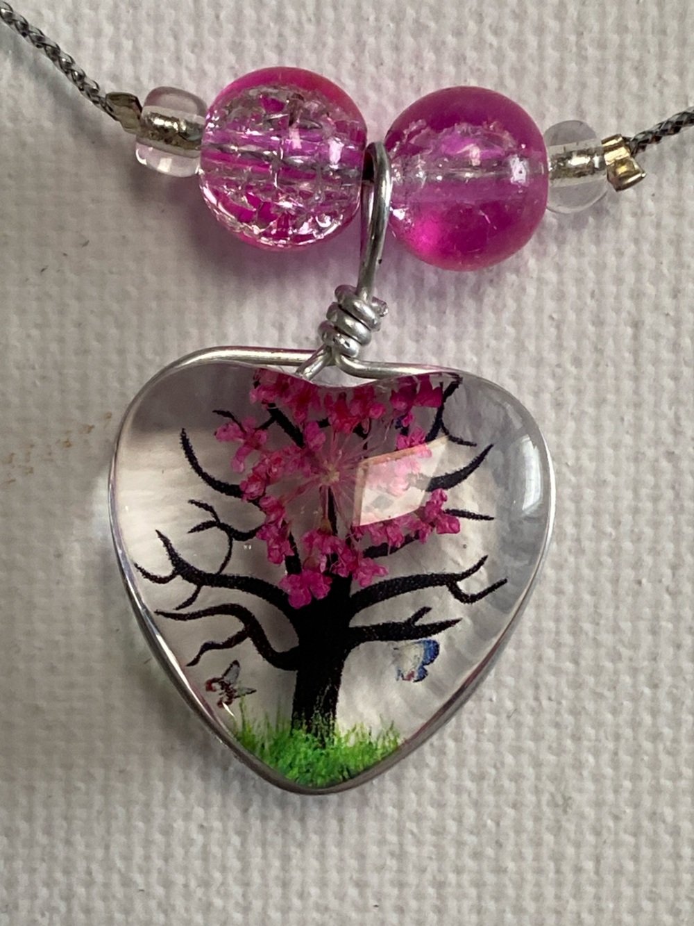 Handmade Tree of Life Glass Heart Pendant Necklace Pink Boho